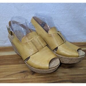 Kork-Ease Alex Slingback Platform Cork Wedge Sandal Leather Yellow Size 11